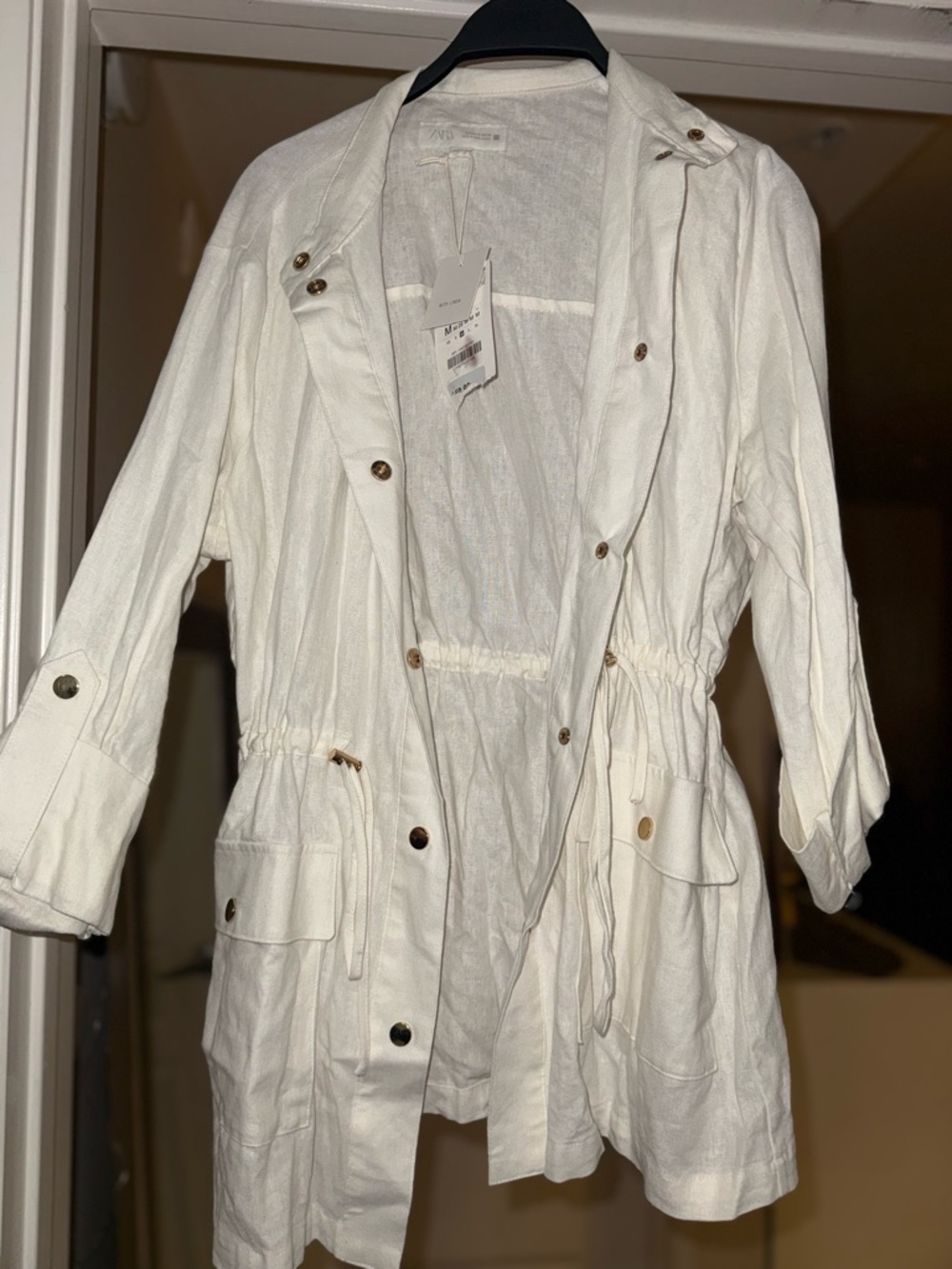 Zara White Utility Jacket with Drawstring Waist